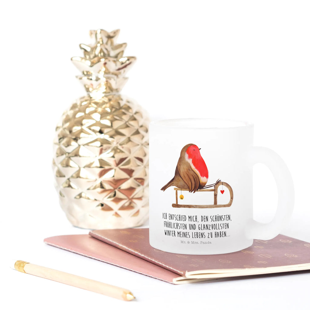 Teetasse Rotkehlchen Schlitten Teetasse, Teeglas, Teebecher, Tasse mit Henkel, Tasse, Glas Teetasse, Teetasse aus Glas, Winter, Weihnachten, Weihnachtsdeko, Nikolaus, Advent, Heiligabend, Wintermotiv, Schlitten, Vogel