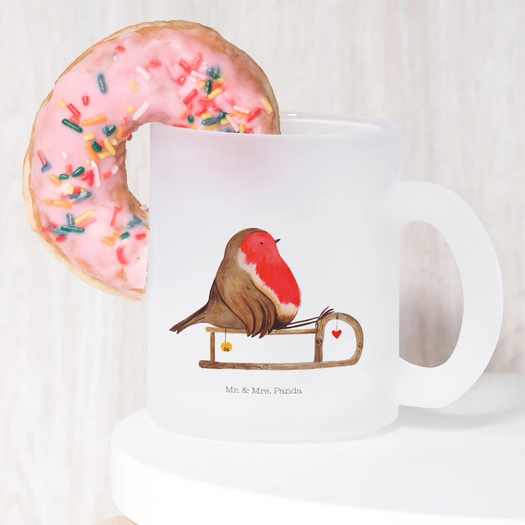 Teetasse Rotkehlchen Schlitten Teetasse, Teeglas, Teebecher, Tasse mit Henkel, Tasse, Glas Teetasse, Teetasse aus Glas, Winter, Weihnachten, Weihnachtsdeko, Nikolaus, Advent, Heiligabend, Wintermotiv, Schlitten, Vogel