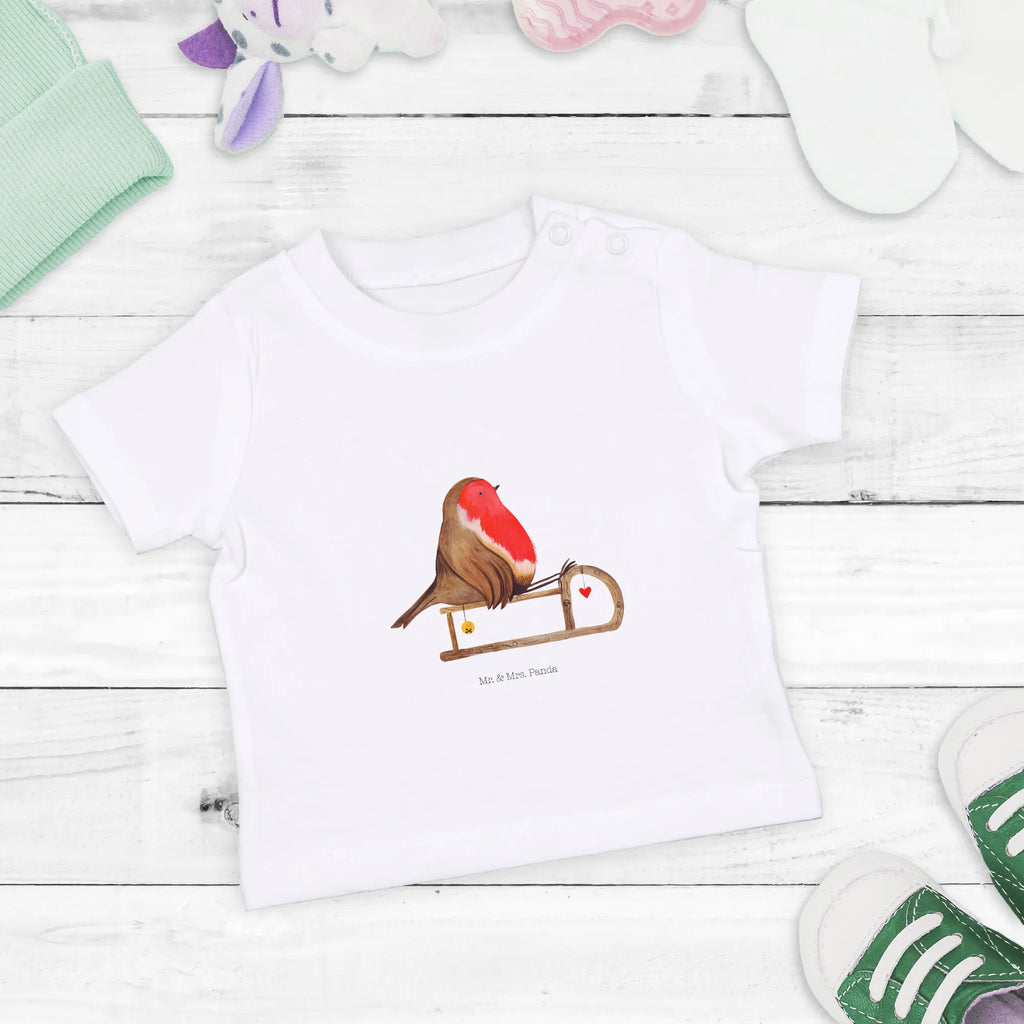 Organic Baby Shirt Rotkehlchen Schlitten Baby T-Shirt, Jungen Baby T-Shirt, Mädchen Baby T-Shirt, Shirt, Winter, Weihnachten, Weihnachtsdeko, Nikolaus, Advent, Heiligabend, Wintermotiv, Schlitten, Vogel