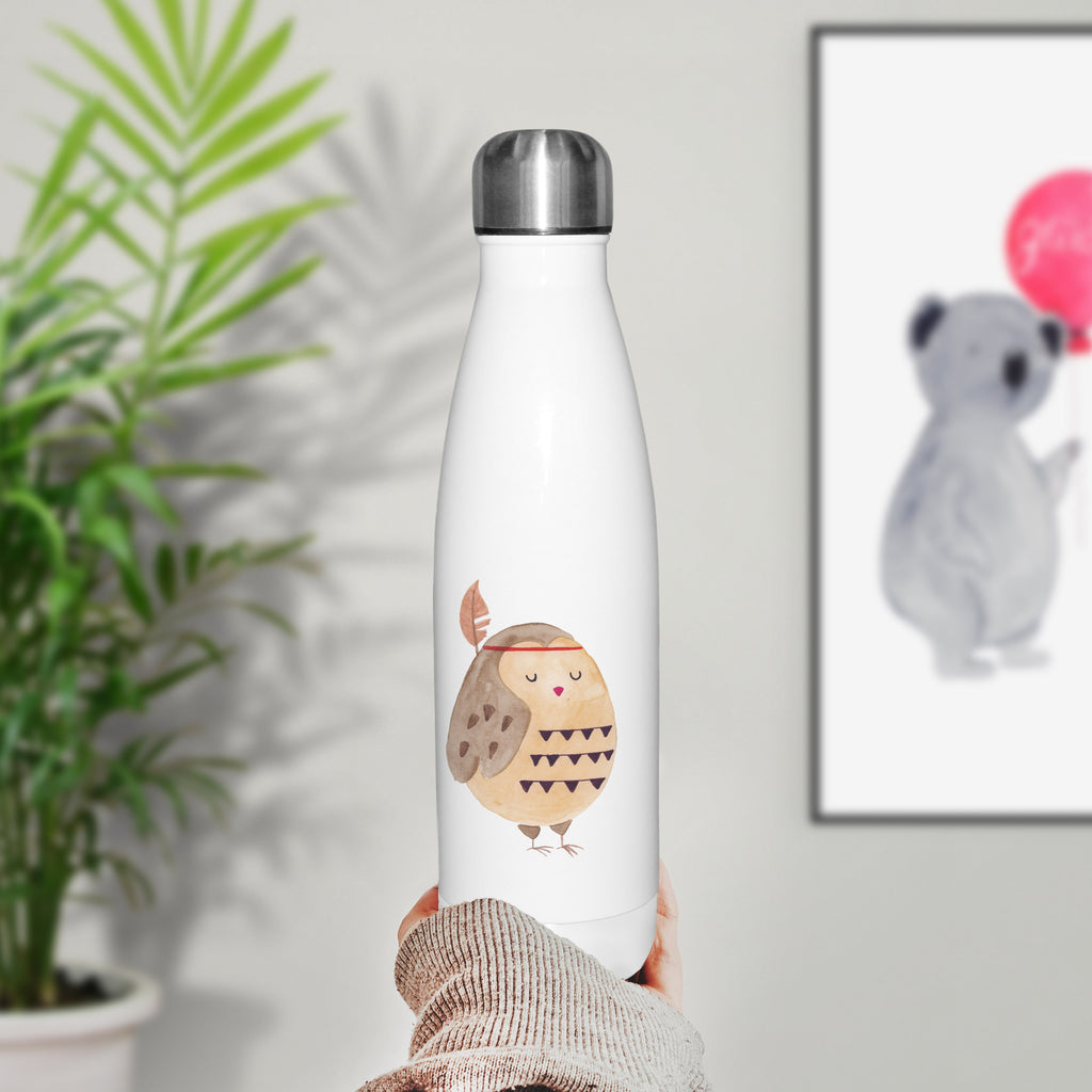 Thermosflasche Eule Federschmuck Isolierflasche, Thermoflasche, Trinkflasche, Thermos, Edelstahl, Eule, Eule Deko, Owl, Das Leben ist ein Abenteuer, Reisespruch, Federschmuck, Dekoration