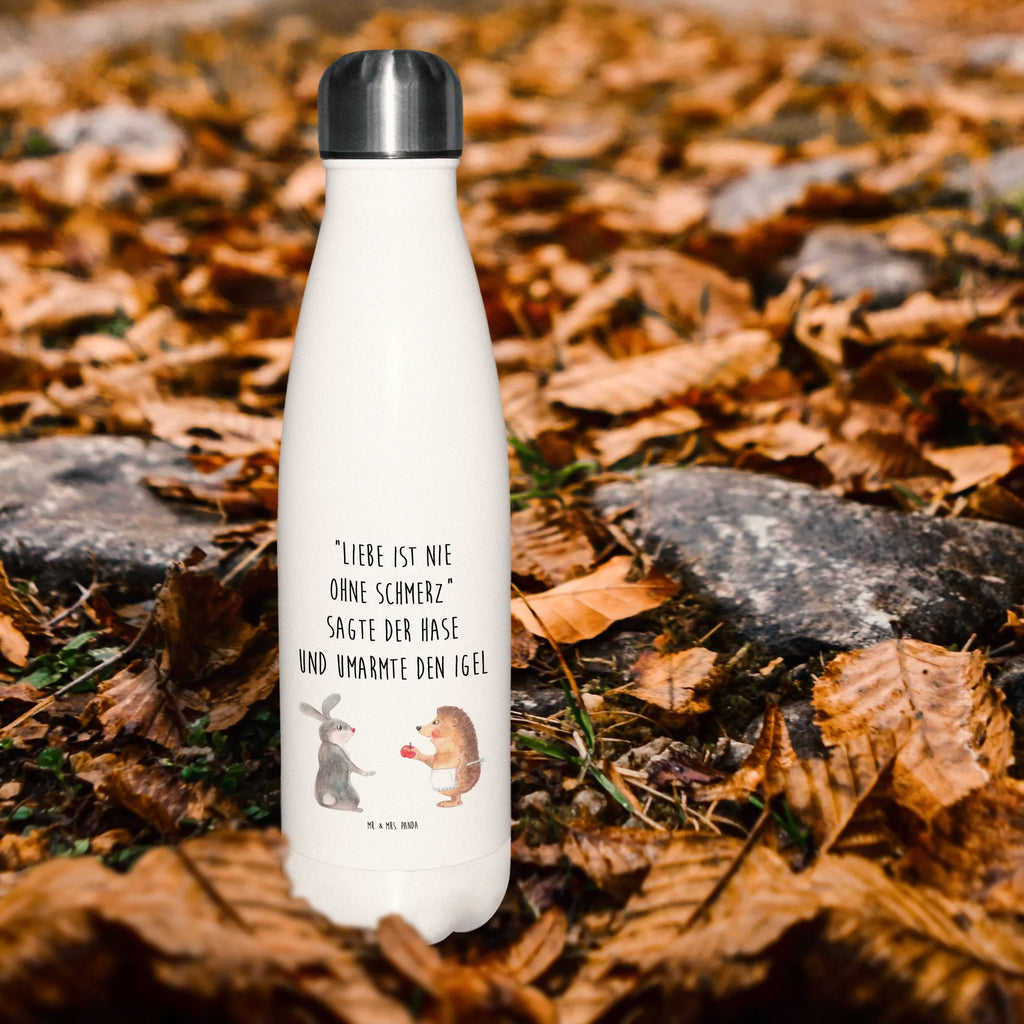 Thermosflasche Liebe ist nie ohne Schmerz Isolierflasche, Thermoflasche, Trinkflasche, Thermos, Edelstahl, Tiermotive, Gute Laune, lustige Sprüche, Tiere, Igel und Hase, Igel, Hase, Liebe Spruch, Liebeskummer Geschenk, Herzschmerz, Trösten, Trennungsschmerz, Spruch romantisch