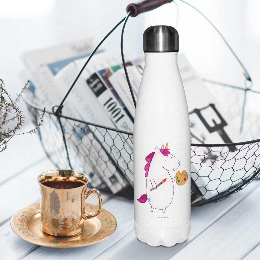 Thermosflasche Einhorn Künstler Isolierflasche, Thermoflasche, Trinkflasche, Thermos, Edelstahl, Einhorn, Einhörner, Einhorn Deko, Unicorn, Englisch, Künstler, Artist, Malen, Zeichnen, Welt, Farbe, Stift, Pinsel, Geschenk, Maler