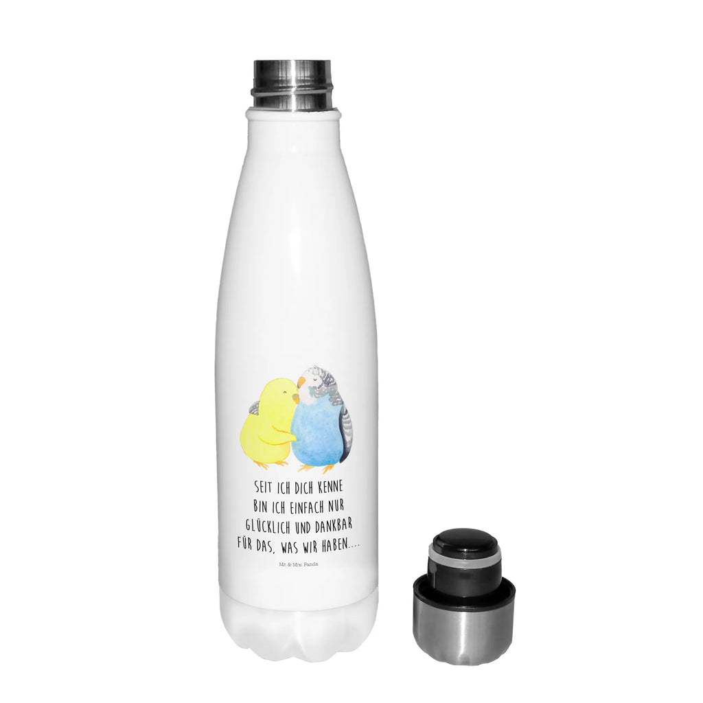 Thermosflasche Wellensittich Liebe Isolierflasche, Thermoflasche, Trinkflasche, Thermos, Edelstahl, Liebe, Partner, Freund, Freundin, Ehemann, Ehefrau, Heiraten, Verlobung, Heiratsantrag, Liebesgeschenk, Jahrestag, Hocheitstag, Vögel, Wellensittich, Nähe, Kuscheln, Vertrauen