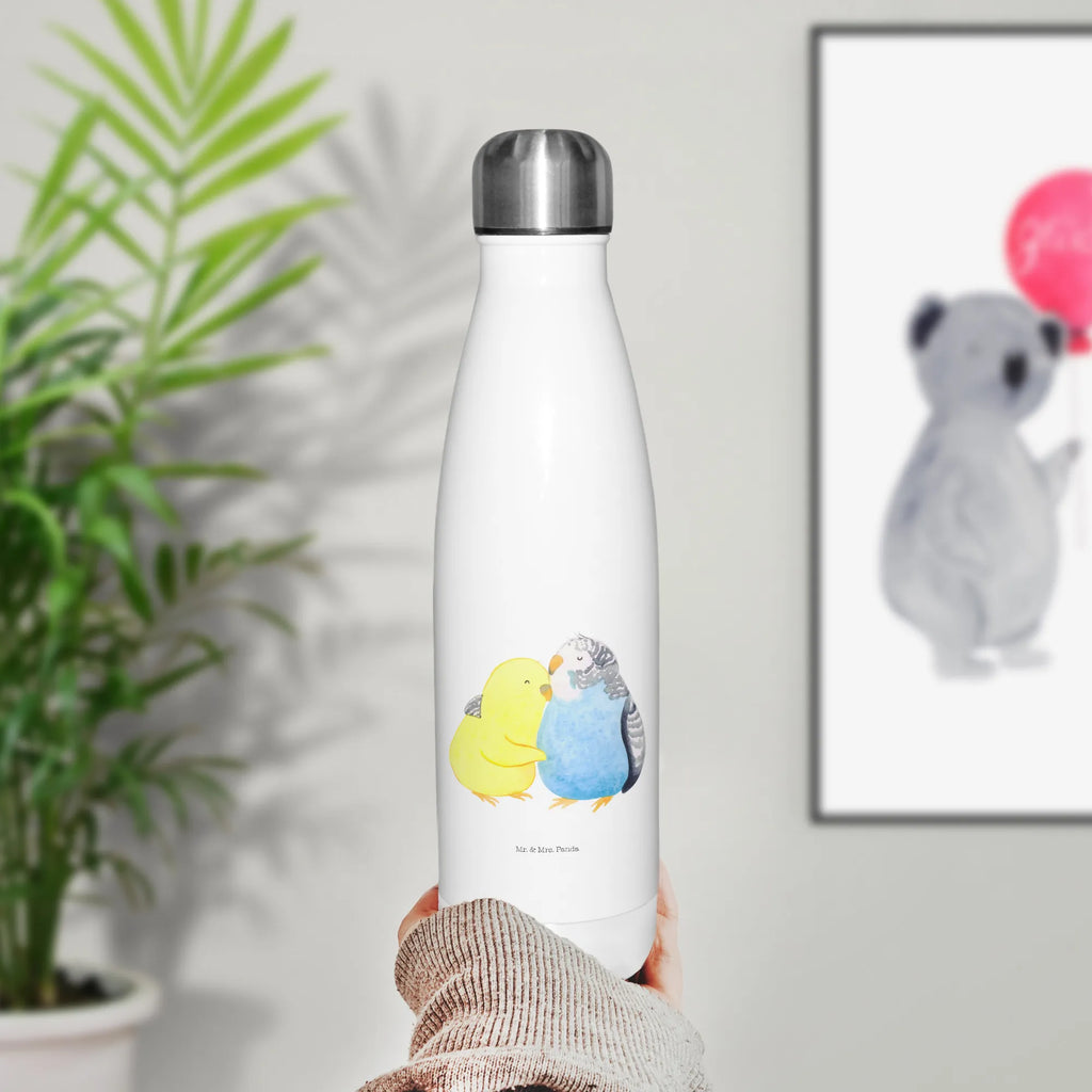 Thermosflasche Wellensittich Liebe Isolierflasche, Thermoflasche, Trinkflasche, Thermos, Edelstahl, Liebe, Partner, Freund, Freundin, Ehemann, Ehefrau, Heiraten, Verlobung, Heiratsantrag, Liebesgeschenk, Jahrestag, Hocheitstag, Vögel, Wellensittich, Nähe, Kuscheln, Vertrauen