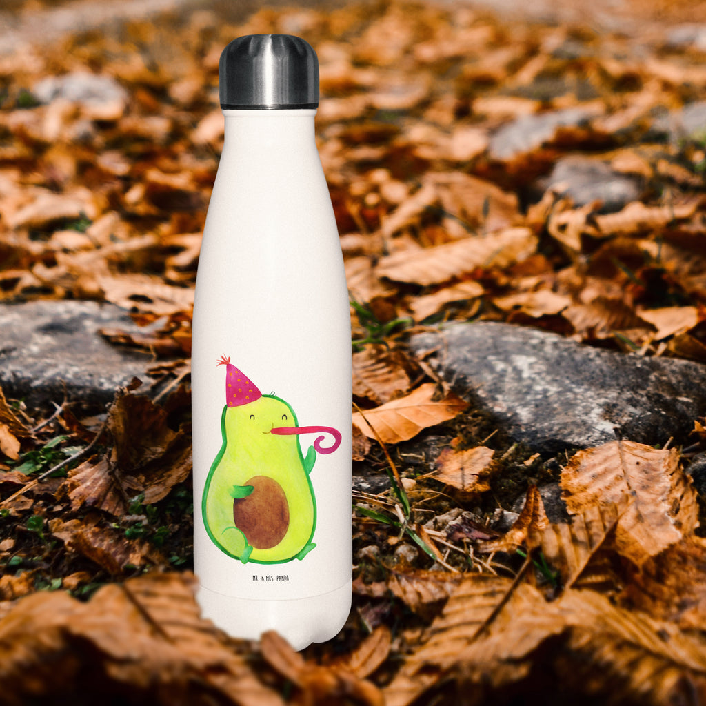 Thermosflasche Avocado Partyhupe Isolierflasche, Thermoflasche, Trinkflasche, Thermos, Edelstahl, Avocado, Veggie, Vegan, Gesund, Party, Feierlichkeit, Feier, Fete, Geburtstag, Gute Laune, Tröte