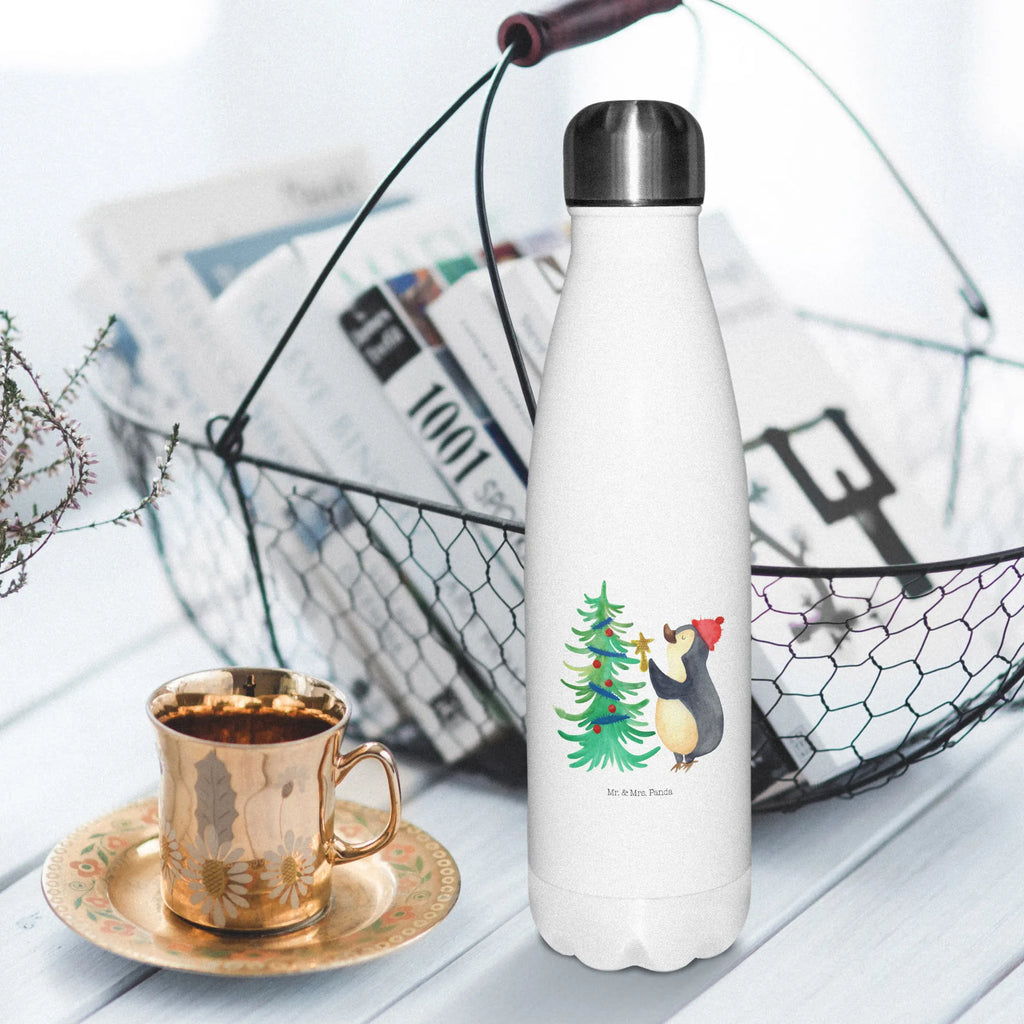 Thermosflasche Pinguin Weihnachtsbaum Isolierflasche, Thermoflasche, Trinkflasche, Thermos, Edelstahl, Winter, Weihnachten, Weihnachtsdeko, Nikolaus, Advent, Heiligabend, Wintermotiv, Pinguin