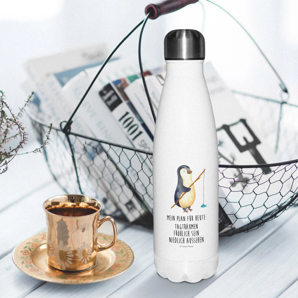 Thermosflasche Pinguin Angler Isolierflasche, Thermoflasche, Trinkflasche, Thermos, Edelstahl, Pinguin, Pinguine, Angeln, Angler, Tagträume, Hobby, Plan, Planer, Tagesplan, Neustart, Motivation, Geschenk, Freundinnen, Geschenkidee, Urlaub, Wochenende