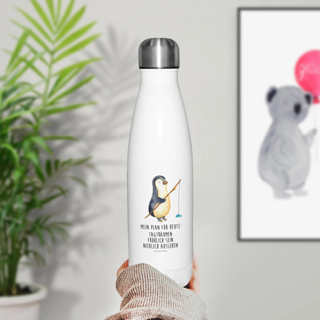 Thermosflasche Pinguin Angler Isolierflasche, Thermoflasche, Trinkflasche, Thermos, Edelstahl, Pinguin, Pinguine, Angeln, Angler, Tagträume, Hobby, Plan, Planer, Tagesplan, Neustart, Motivation, Geschenk, Freundinnen, Geschenkidee, Urlaub, Wochenende