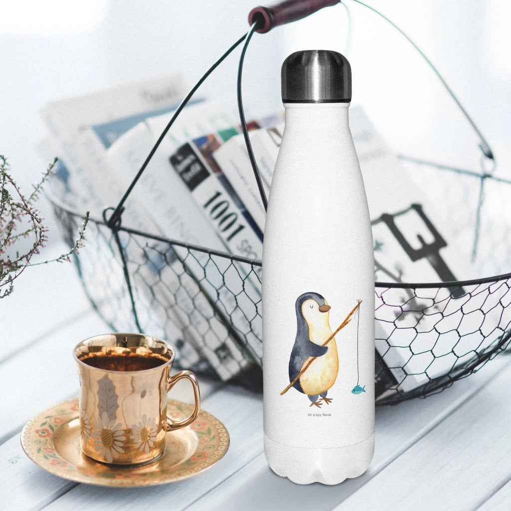 Thermosflasche Pinguin Angler Isolierflasche, Thermoflasche, Trinkflasche, Thermos, Edelstahl, Pinguin, Pinguine, Angeln, Angler, Tagträume, Hobby, Plan, Planer, Tagesplan, Neustart, Motivation, Geschenk, Freundinnen, Geschenkidee, Urlaub, Wochenende