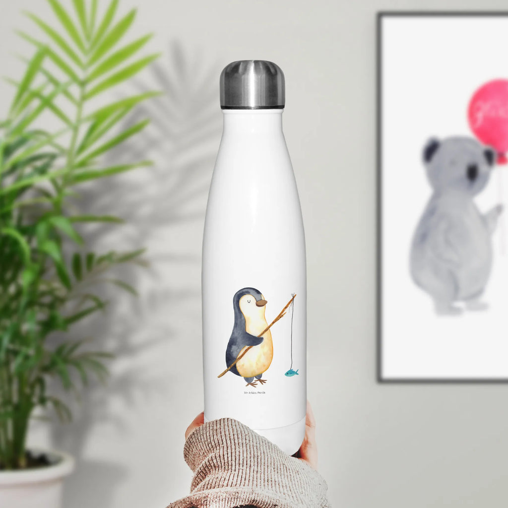 Thermosflasche Pinguin Angler Isolierflasche, Thermoflasche, Trinkflasche, Thermos, Edelstahl, Pinguin, Pinguine, Angeln, Angler, Tagträume, Hobby, Plan, Planer, Tagesplan, Neustart, Motivation, Geschenk, Freundinnen, Geschenkidee, Urlaub, Wochenende