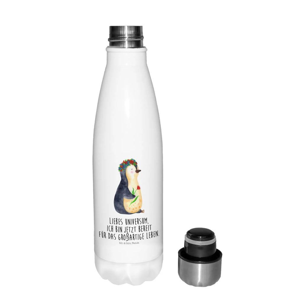 Thermosflasche Pinguin Blumenkranz Isolierflasche, Thermoflasche, Trinkflasche, Thermos, Edelstahl, Pinguin, Pinguine, Blumenkranz, Universum, Leben, Wünsche, Ziele, Lebensziele, Motivation, Lebenslust, Liebeskummer, Geschenkidee