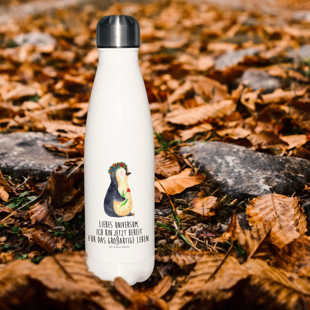 Thermosflasche Pinguin Blumenkranz Isolierflasche, Thermoflasche, Trinkflasche, Thermos, Edelstahl, Pinguin, Pinguine, Blumenkranz, Universum, Leben, Wünsche, Ziele, Lebensziele, Motivation, Lebenslust, Liebeskummer, Geschenkidee