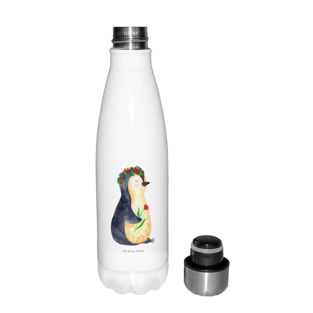 Thermosflasche Pinguin Blumenkranz Isolierflasche, Thermoflasche, Trinkflasche, Thermos, Edelstahl, Pinguin, Pinguine, Blumenkranz, Universum, Leben, Wünsche, Ziele, Lebensziele, Motivation, Lebenslust, Liebeskummer, Geschenkidee