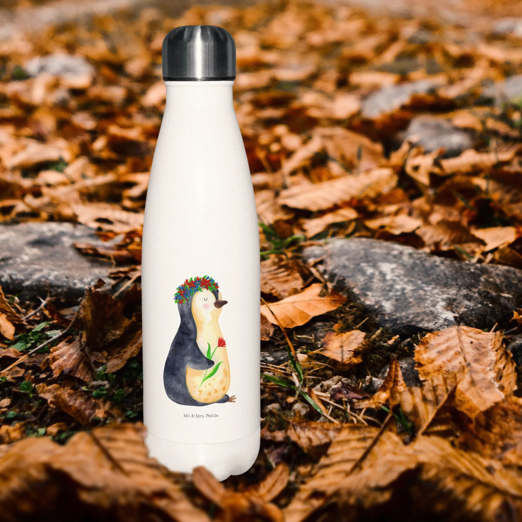 Thermosflasche Pinguin Blumenkranz Isolierflasche, Thermoflasche, Trinkflasche, Thermos, Edelstahl, Pinguin, Pinguine, Blumenkranz, Universum, Leben, Wünsche, Ziele, Lebensziele, Motivation, Lebenslust, Liebeskummer, Geschenkidee