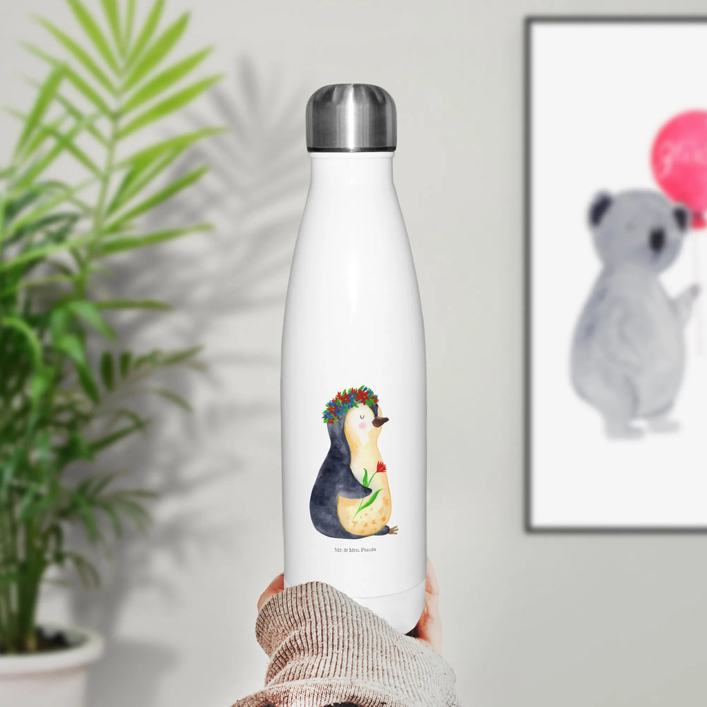 Thermosflasche Pinguin Blumenkranz Isolierflasche, Thermoflasche, Trinkflasche, Thermos, Edelstahl, Pinguin, Pinguine, Blumenkranz, Universum, Leben, Wünsche, Ziele, Lebensziele, Motivation, Lebenslust, Liebeskummer, Geschenkidee