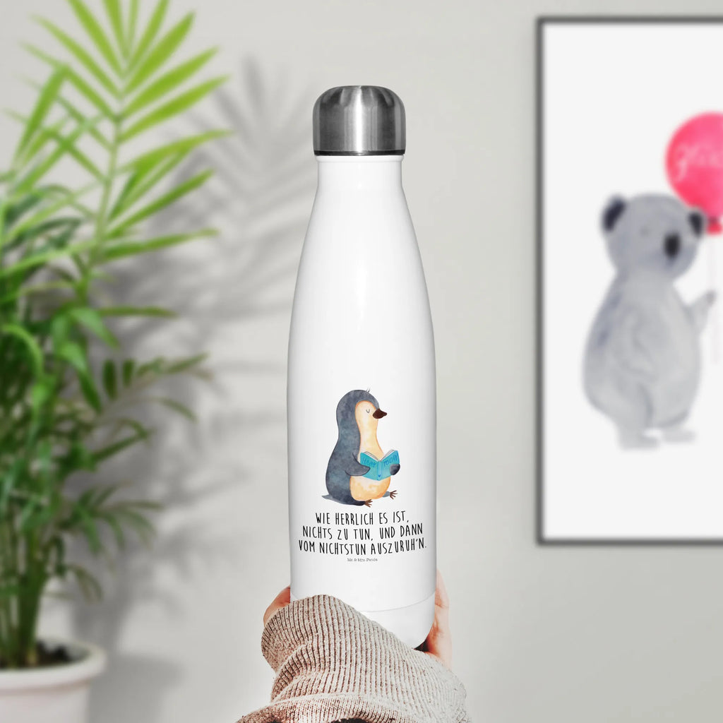 Thermosflasche Pinguin Buch Isolierflasche, Thermoflasche, Trinkflasche, Thermos, Edelstahl, Pinguin, Pinguine, Buch, Lesen, Bücherwurm, Nichtstun, Faulenzen, Ferien, Urlaub, Freizeit