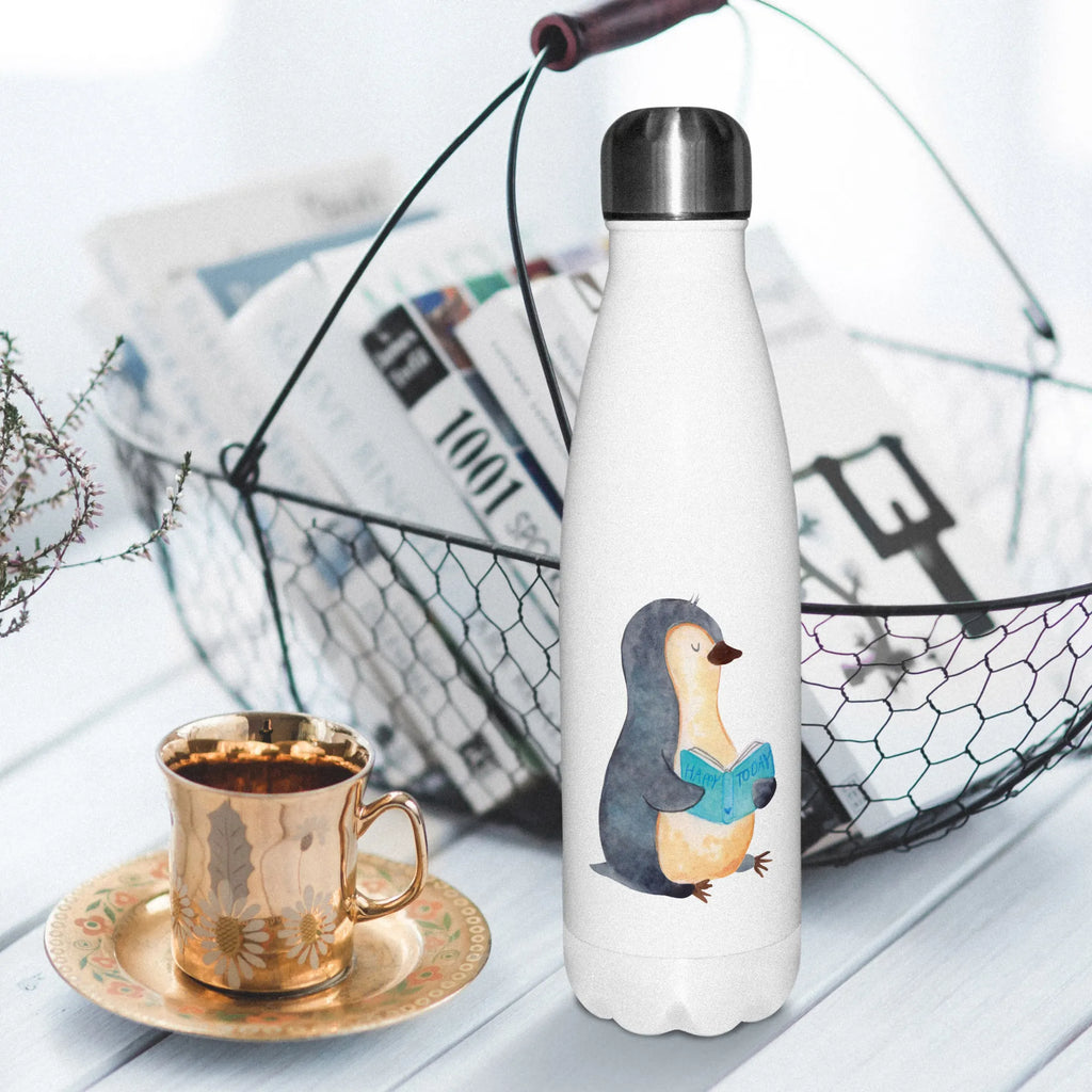 Thermosflasche Pinguin Buch Isolierflasche, Thermoflasche, Trinkflasche, Thermos, Edelstahl, Pinguin, Pinguine, Buch, Lesen, Bücherwurm, Nichtstun, Faulenzen, Ferien, Urlaub, Freizeit