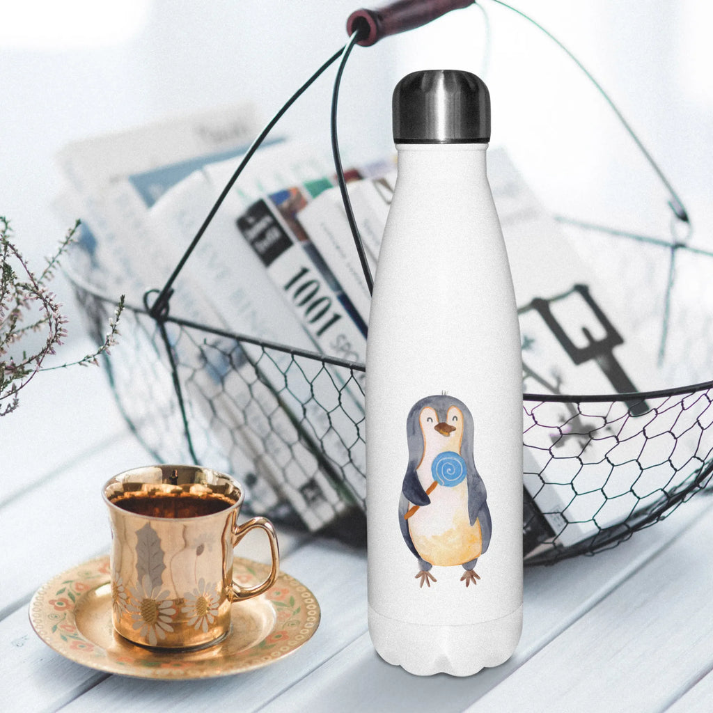 Thermosflasche Pinguin Lolli Isolierflasche, Thermoflasche, Trinkflasche, Thermos, Edelstahl, Pinguin, Pinguine, Lolli, Süßigkeiten, Blödsinn, Spruch, Rebell, Gauner, Ganove, Rabauke