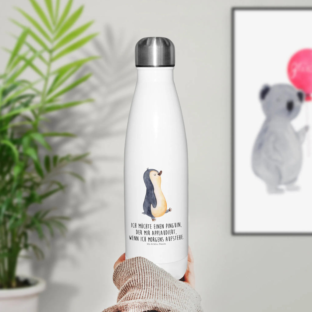 Thermosflasche Pinguin marschierend Isolierflasche, Thermoflasche, Trinkflasche, Thermos, Edelstahl, Pinguin, Pinguine, Frühaufsteher, Langschläfer, Bruder, Schwester, Familie