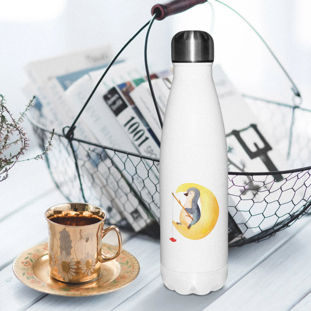 Thermosflasche Pinguin Mond Isolierflasche, Thermoflasche, Trinkflasche, Thermos, Edelstahl, Pinguin, Pinguine, Spruch, schlafen, Nachtruhe, Einschlafen, Schlafzimmer, Schlafstörungen, Gästezimmer