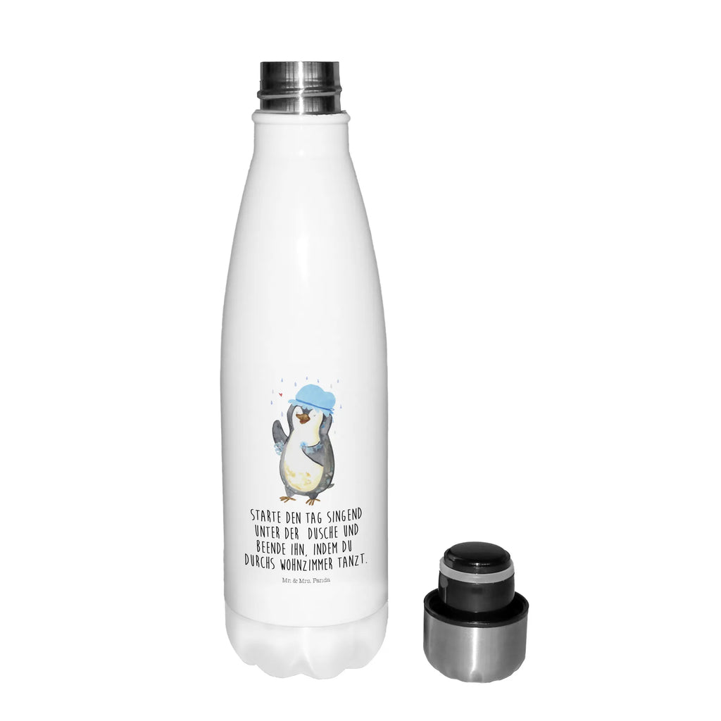 Thermosflasche Pinguin duscht Isolierflasche, Thermoflasche, Trinkflasche, Thermos, Edelstahl, Pinguin, Pinguine, Dusche, duschen, Lebensmotto, Motivation, Neustart, Neuanfang, glücklich sein