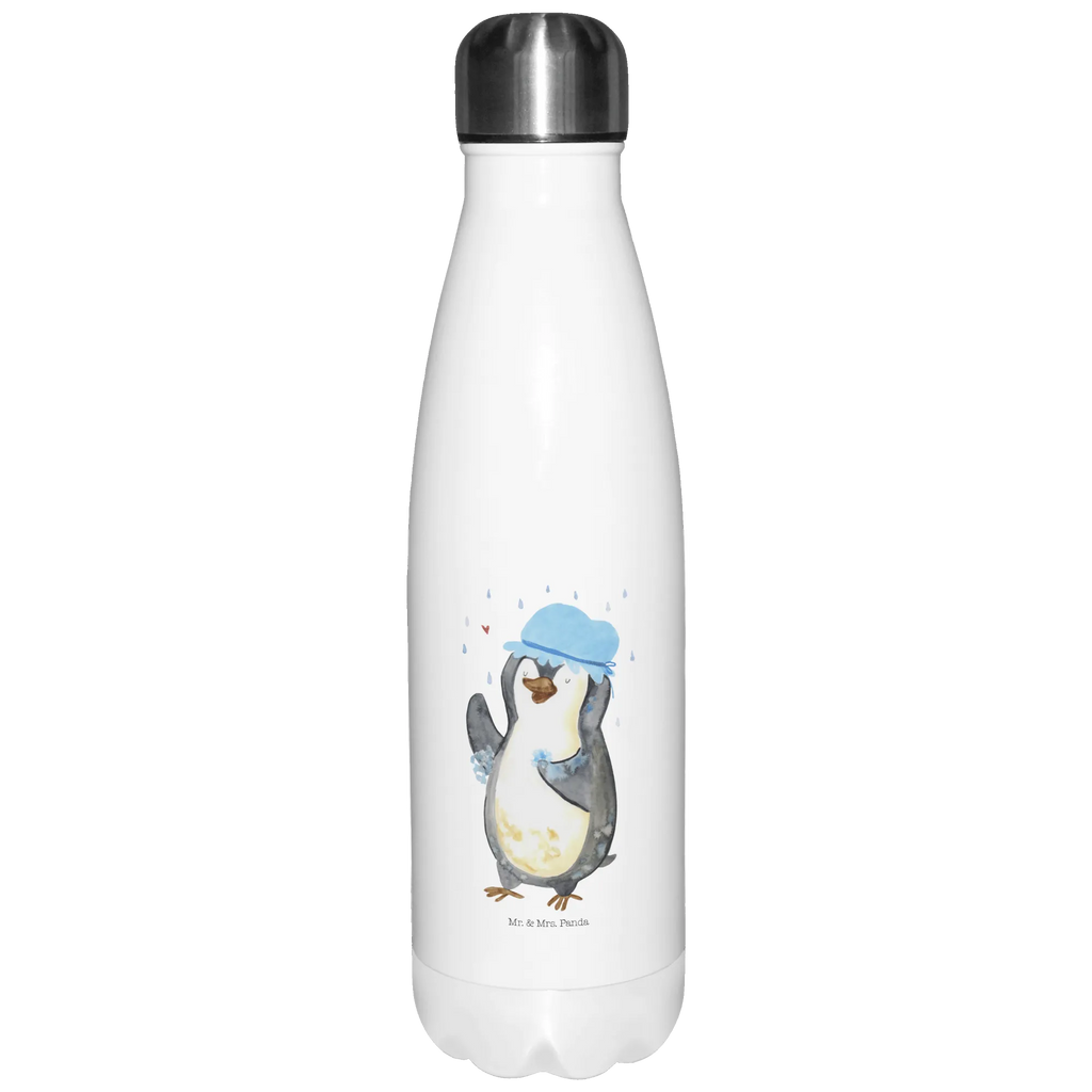 Thermosflasche Pinguin duscht Isolierflasche, Thermoflasche, Trinkflasche, Thermos, Edelstahl, Pinguin, Pinguine, Dusche, duschen, Lebensmotto, Motivation, Neustart, Neuanfang, glücklich sein