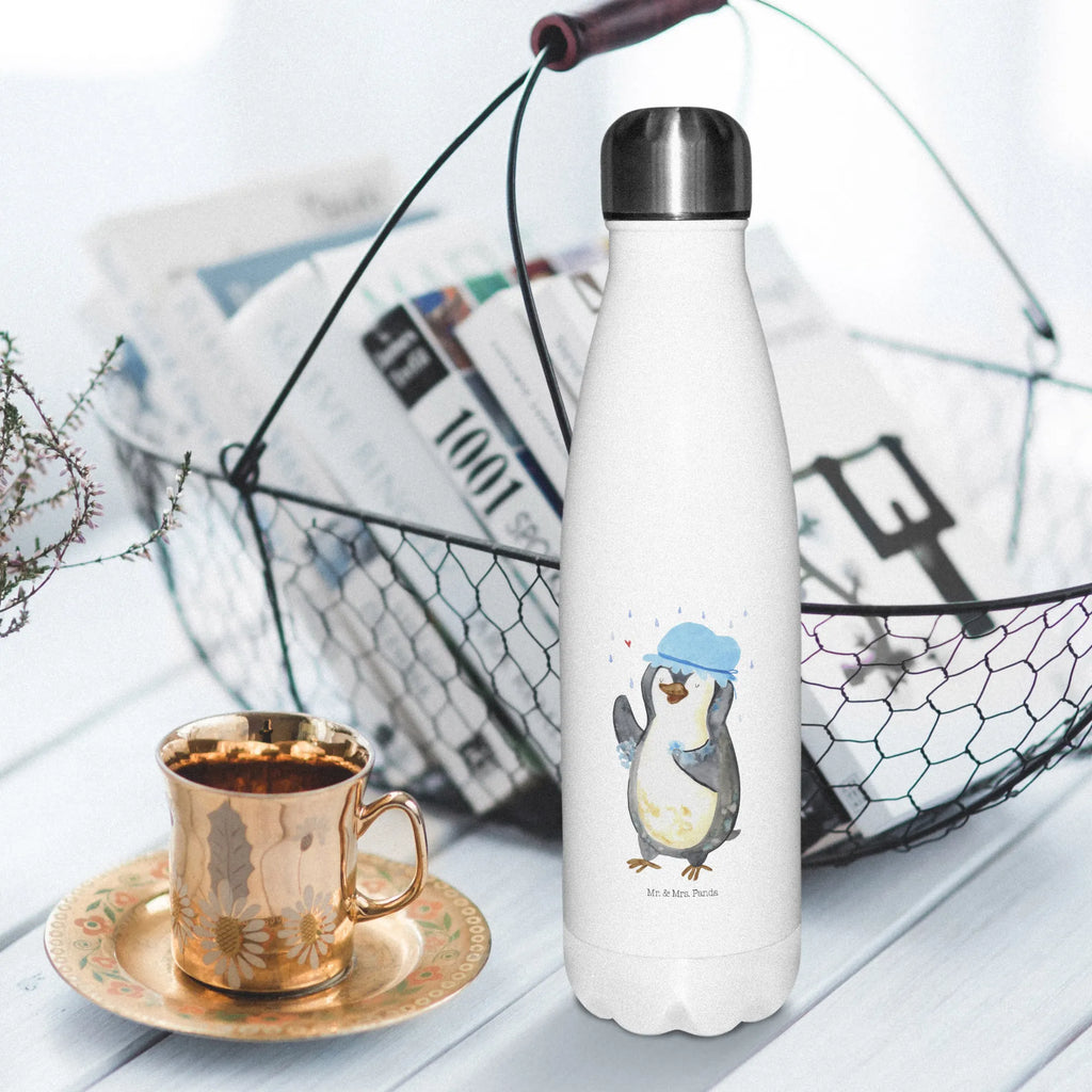 Thermosflasche Pinguin duscht Isolierflasche, Thermoflasche, Trinkflasche, Thermos, Edelstahl, Pinguin, Pinguine, Dusche, duschen, Lebensmotto, Motivation, Neustart, Neuanfang, glücklich sein