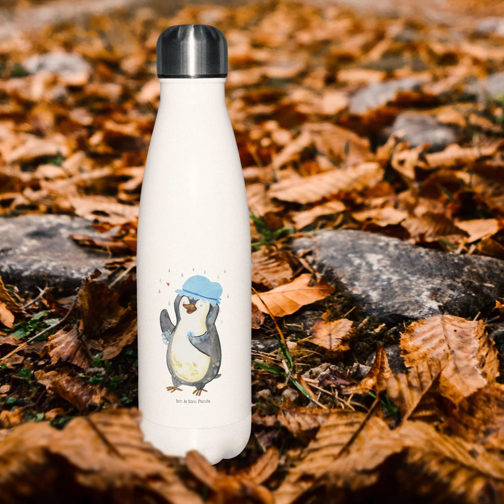 Thermosflasche Pinguin duscht Isolierflasche, Thermoflasche, Trinkflasche, Thermos, Edelstahl, Pinguin, Pinguine, Dusche, duschen, Lebensmotto, Motivation, Neustart, Neuanfang, glücklich sein