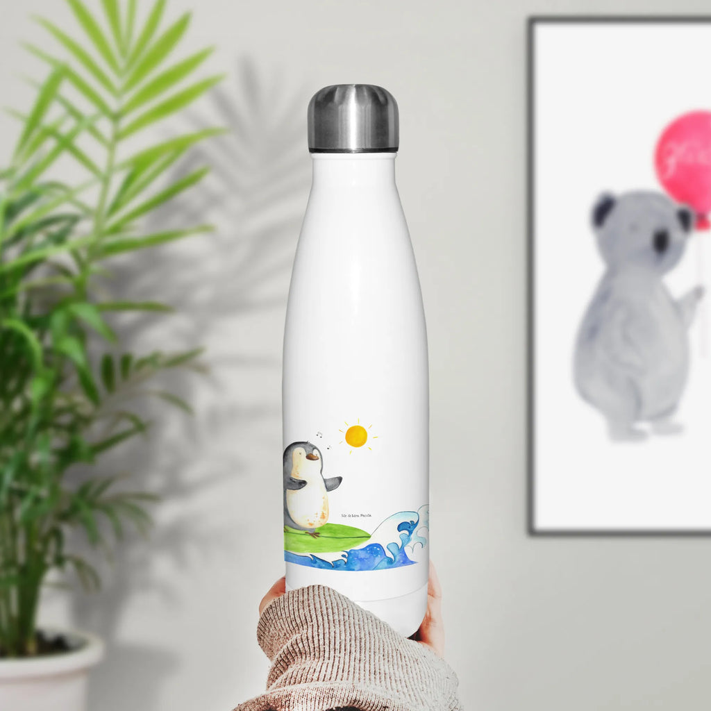 Thermosflasche Pinguin Surfer Isolierflasche, Thermoflasche, Trinkflasche, Thermos, Edelstahl, Pinguin, Pinguine, surfen, Surfer, Hawaii, Urlaub, Wellen, Wellen reiten, Portugal