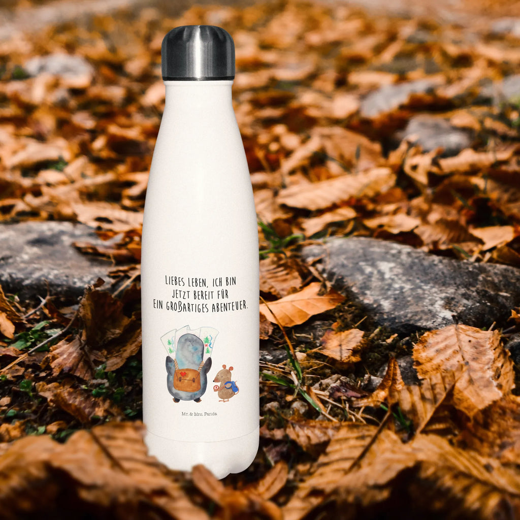 Thermosflasche Pinguin & Maus Wanderer Isolierflasche, Thermoflasche, Trinkflasche, Thermos, Edelstahl, Pinguin, Pinguine, Abenteurer, Abenteuer, Roadtrip, Ausflug, Wanderlust, wandern