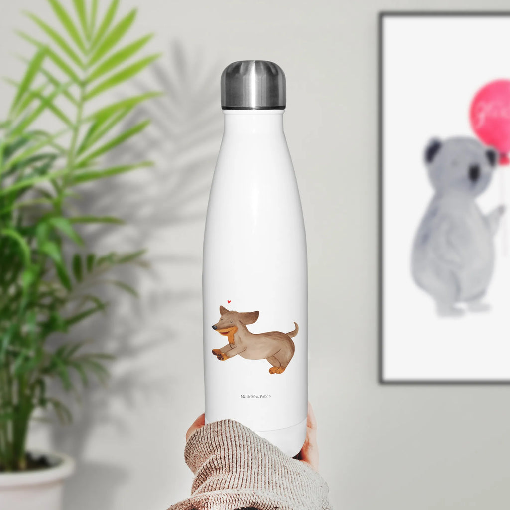 Thermosflasche Hund Dackel fröhlich Isolierflasche, Thermoflasche, Trinkflasche, Thermos, Edelstahl, Hund, Hundemotiv, Haustier, Hunderasse, Tierliebhaber, Hundebesitzer, Sprüche, Hunde, Dackel, Dachshund, happy dog