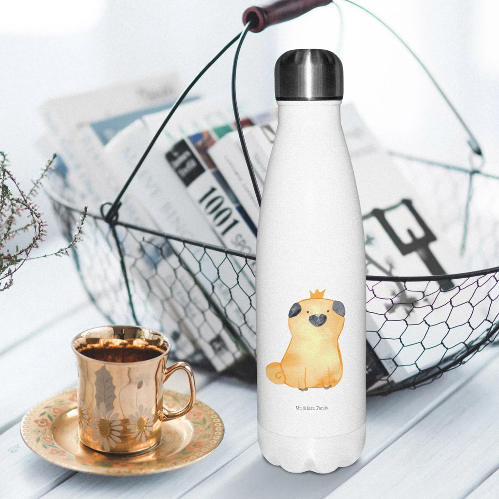 Thermosflasche Mops Krone Isolierflasche, Thermoflasche, Trinkflasche, Thermos, Edelstahl, Hund, Hundemotiv, Haustier, Hunderasse, Tierliebhaber, Hundebesitzer, Sprüche, Mops, allergisch, kinderlos, Hausregel, Hundebesitzer. Spruch, lustig