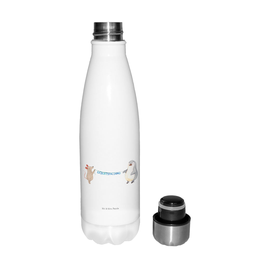 Thermosflasche Maus Pinguin Geburtstag Isolierflasche, Thermoflasche, Trinkflasche, Thermos, Edelstahl, Geburtstag, Geburtstagsgeschenk, Geschenk, Maus, Pinguin, Geburtstage, Happy Birthday, Geburtstagsfeier