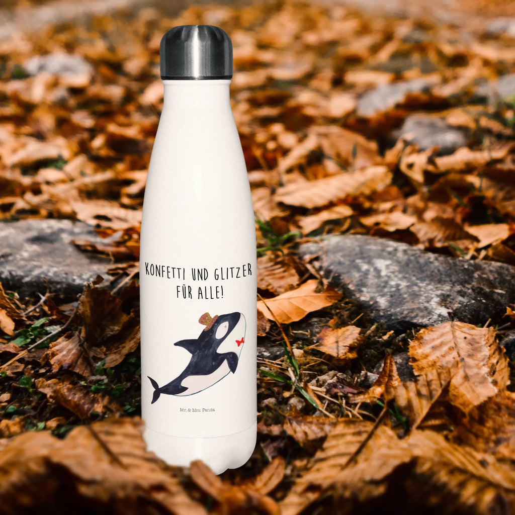 Thermosflasche Orca Zylinder Isolierflasche, Thermoflasche, Trinkflasche, Thermos, Edelstahl, Meerestiere, Meer, Urlaub, Narwal, Glitter, Konfetti, Glitzer, Geburtstag, Feier, Fete, Fest, Glückwunsch, Orca