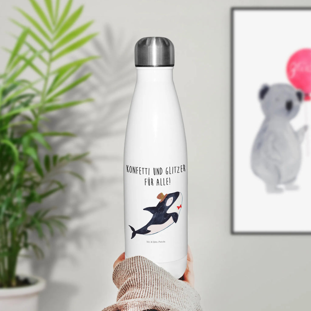 Thermosflasche Orca Zylinder Isolierflasche, Thermoflasche, Trinkflasche, Thermos, Edelstahl, Meerestiere, Meer, Urlaub, Narwal, Glitter, Konfetti, Glitzer, Geburtstag, Feier, Fete, Fest, Glückwunsch, Orca