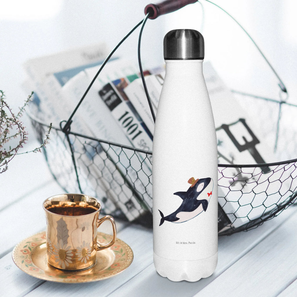 Thermosflasche Orca Zylinder Isolierflasche, Thermoflasche, Trinkflasche, Thermos, Edelstahl, Meerestiere, Meer, Urlaub, Narwal, Glitter, Konfetti, Glitzer, Geburtstag, Feier, Fete, Fest, Glückwunsch, Orca