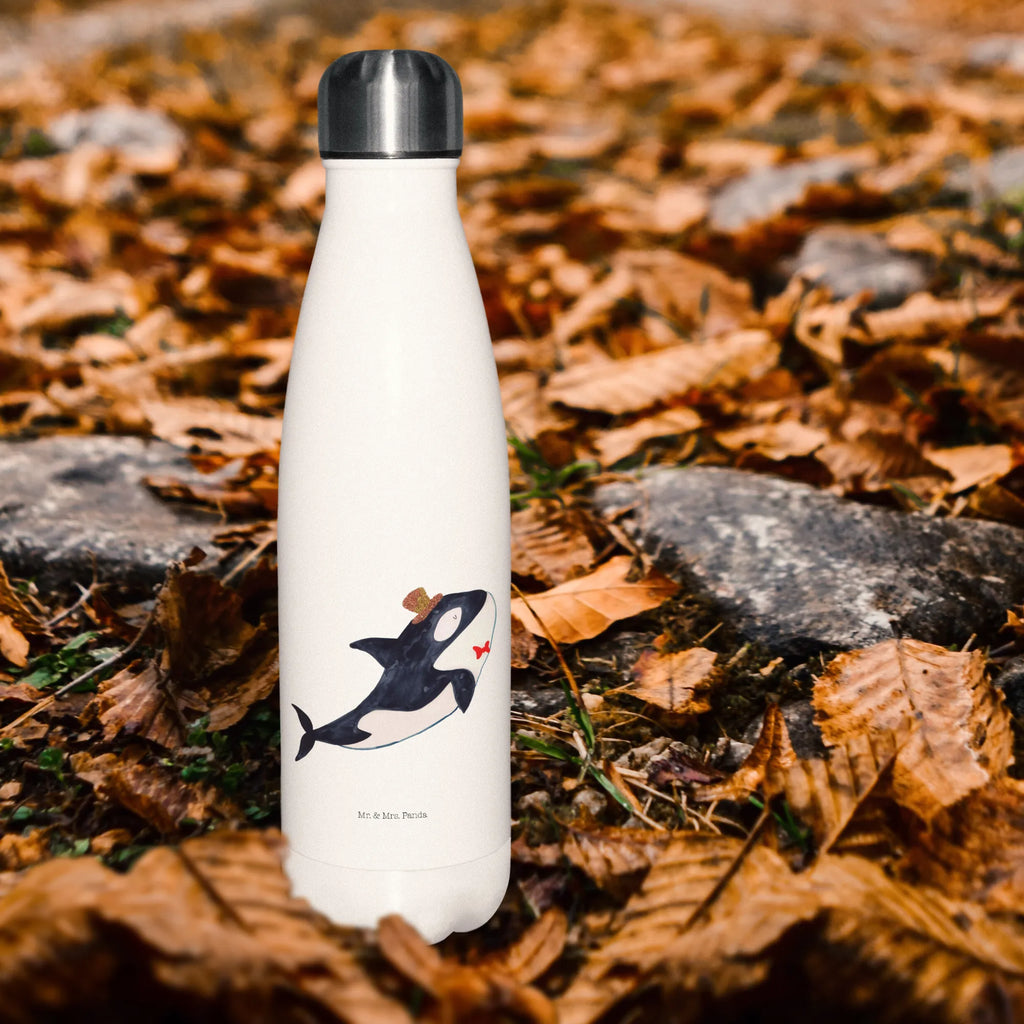 Thermosflasche Orca Zylinder Isolierflasche, Thermoflasche, Trinkflasche, Thermos, Edelstahl, Meerestiere, Meer, Urlaub, Narwal, Glitter, Konfetti, Glitzer, Geburtstag, Feier, Fete, Fest, Glückwunsch, Orca