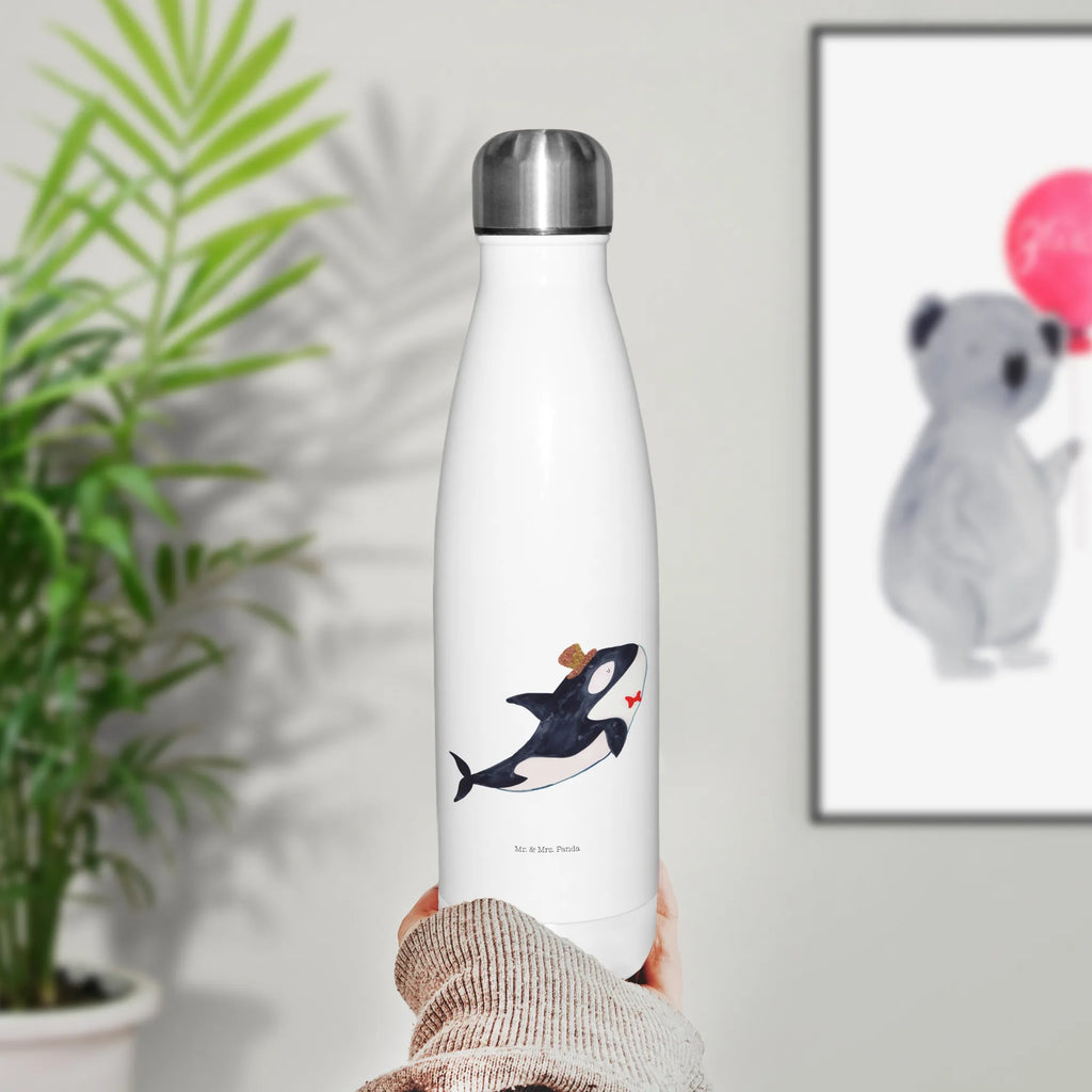 Thermosflasche Orca Zylinder Isolierflasche, Thermoflasche, Trinkflasche, Thermos, Edelstahl, Meerestiere, Meer, Urlaub, Narwal, Glitter, Konfetti, Glitzer, Geburtstag, Feier, Fete, Fest, Glückwunsch, Orca