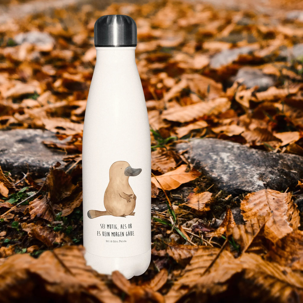 Thermosflasche Schnabeltier mutig Isolierflasche, Thermoflasche, Trinkflasche, Thermos, Edelstahl, Meerestiere, Meer, Urlaub, Schnabeltier, Mut, mutig, Lebensweisheit, Schnabeltiere, Motivation, Training, Büro, Arbeit, Neuanfang, Neustart, Weltreise, Raodtrip