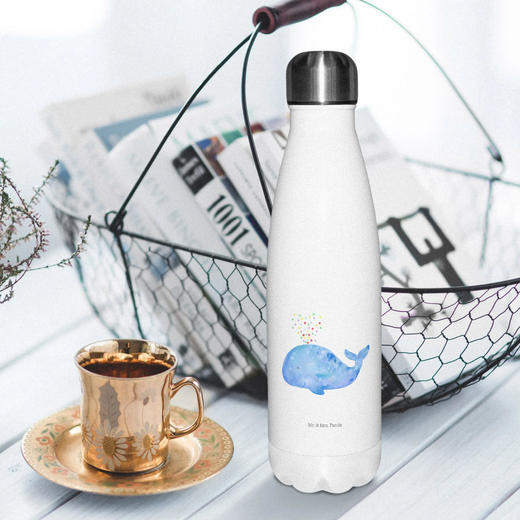 Thermosflasche Wal Konfetti Isolierflasche, Thermoflasche, Trinkflasche, Thermos, Edelstahl, Meerestiere, Meer, Urlaub, Wal, Konfetti, Wale, Motivation, Neuanfang, Trennung, Diät, Abnehmen, Neustart, Lebensabschnitt, Geburtstag