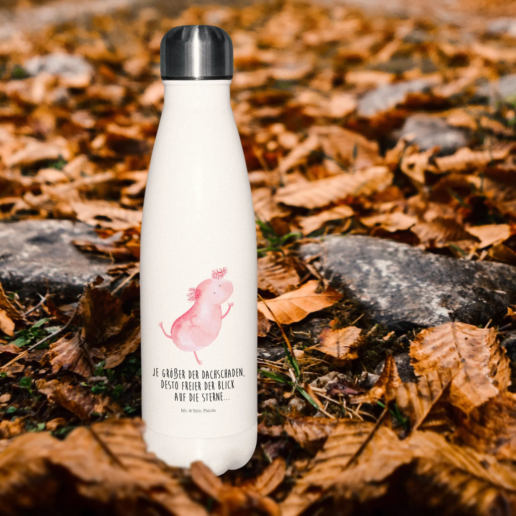 Thermosflasche Axolotl tanzt Isolierflasche, Thermoflasche, Trinkflasche, Thermos, Edelstahl, Axolotl, Molch, Axolot, Schwanzlurch, Lurch, Lurche, Dachschaden, Sterne, verrückt, Freundin, beste Freundin