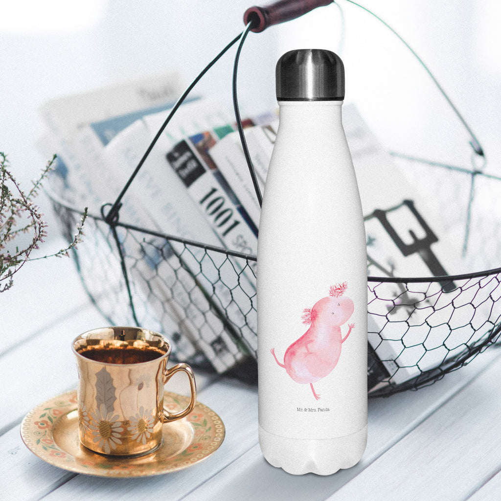 Thermosflasche Axolotl tanzt Isolierflasche, Thermoflasche, Trinkflasche, Thermos, Edelstahl, Axolotl, Molch, Axolot, Schwanzlurch, Lurch, Lurche, Dachschaden, Sterne, verrückt, Freundin, beste Freundin