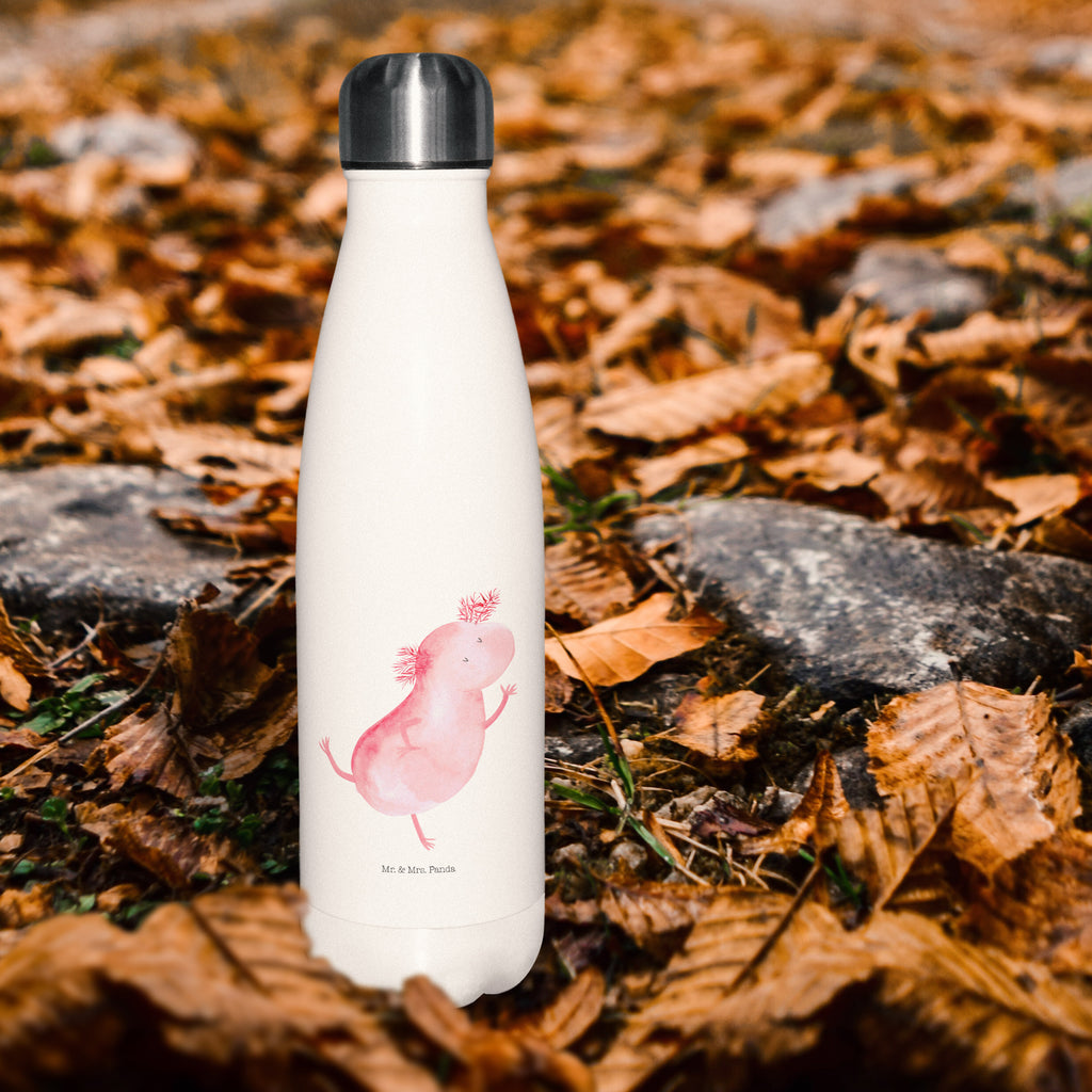 Thermosflasche Axolotl tanzt Isolierflasche, Thermoflasche, Trinkflasche, Thermos, Edelstahl, Axolotl, Molch, Axolot, Schwanzlurch, Lurch, Lurche, Dachschaden, Sterne, verrückt, Freundin, beste Freundin