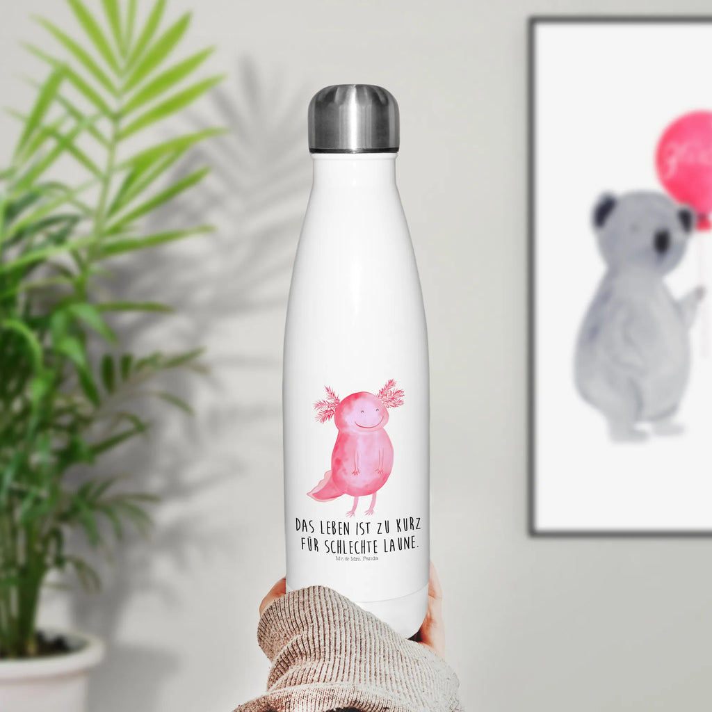 Thermosflasche Axolotl glücklich Isolierflasche, Thermoflasche, Trinkflasche, Thermos, Edelstahl, Axolotl, Molch, Axolot, Schwanzlurch, Lurch, Lurche, Motivation, gute Laune