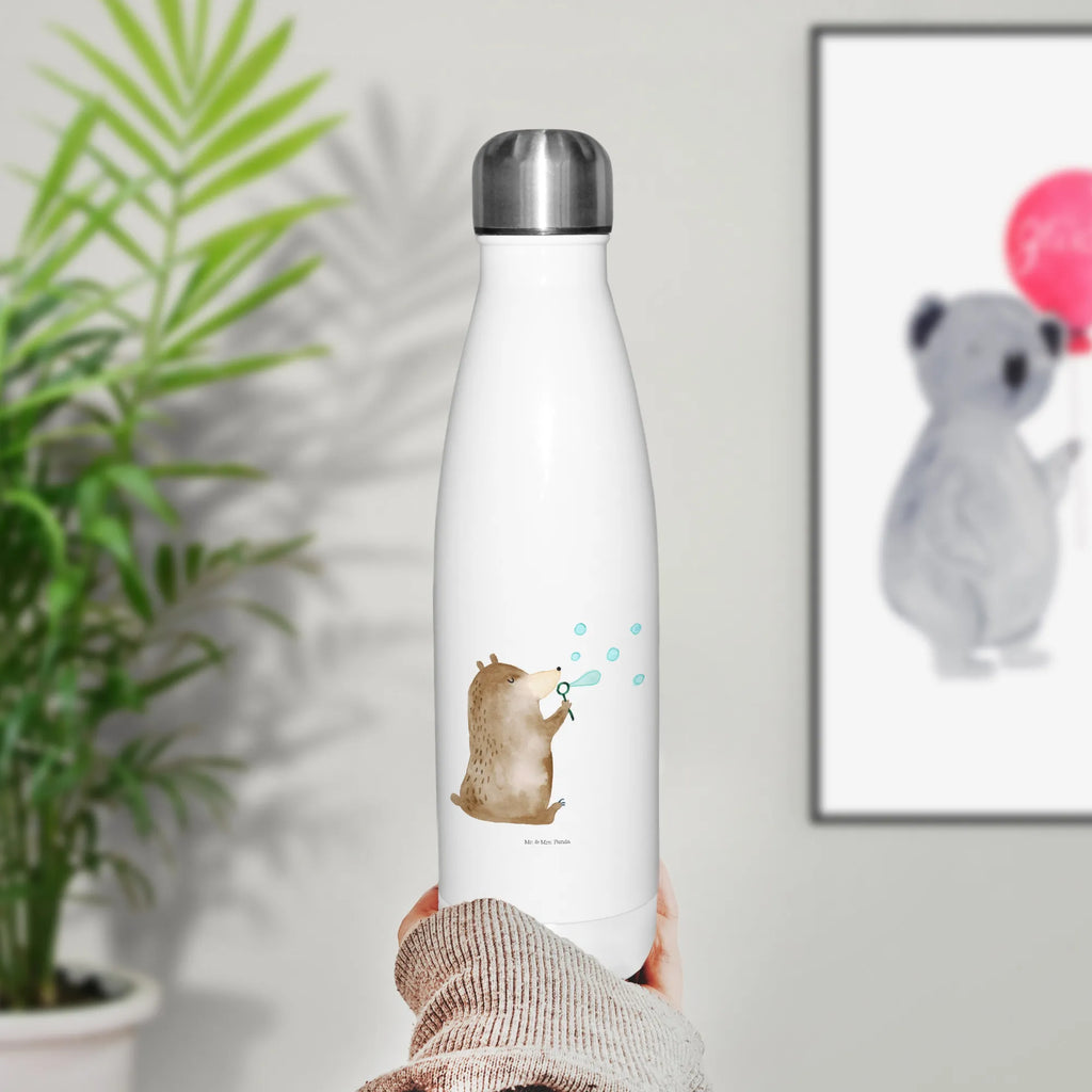 Thermosflasche Bär Seifenblasen Isolierflasche, Thermoflasche, Trinkflasche, Thermos, Edelstahl, Bär, Teddy, Teddybär, Seifenblasen Bär Lustig Sein Glücklich Traurig Happy