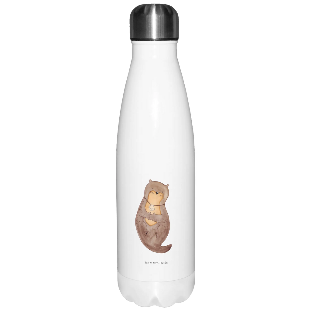 Thermosflasche Otter mit Muschelmedaillon Isolierflasche, Thermoflasche, Trinkflasche, Thermos, Edelstahl, Otter, Fischotter, Seeotter, Otterliebe, grübeln, träumen, Motivation, Tagträumen, Büro