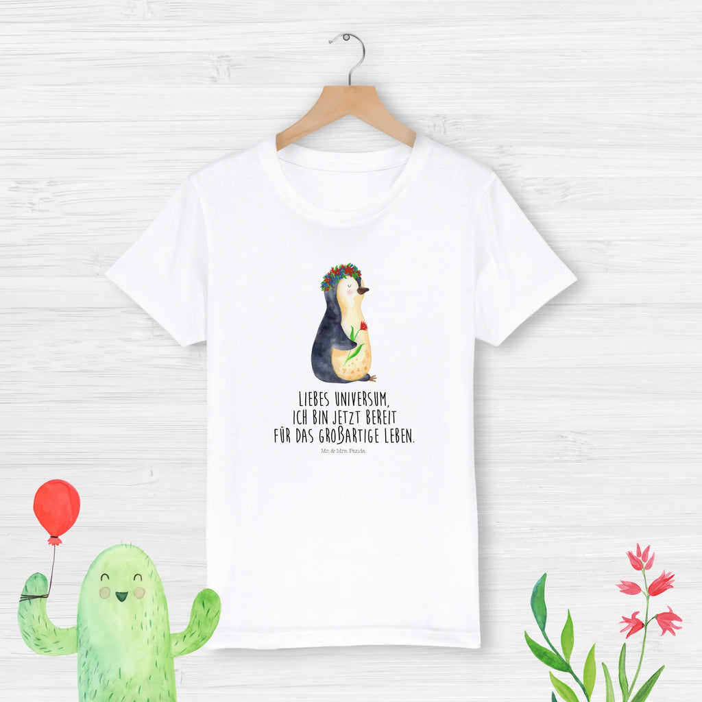 Organic Kinder T-Shirt Pinguin Blumen Kinder T-Shirt, Kinder T-Shirt Mädchen, Kinder T-Shirt Jungen, Pinguin, Pinguine, Blumenkranz, Universum, Leben, Wünsche, Ziele, Lebensziele, Motivation, Lebenslust, Liebeskummer, Geschenkidee