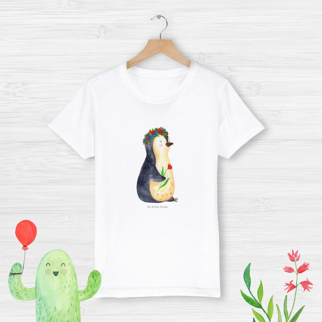 Organic Kinder T-Shirt Pinguin Blumen Kinder T-Shirt, Kinder T-Shirt Mädchen, Kinder T-Shirt Jungen, Pinguin, Pinguine, Blumenkranz, Universum, Leben, Wünsche, Ziele, Lebensziele, Motivation, Lebenslust, Liebeskummer, Geschenkidee