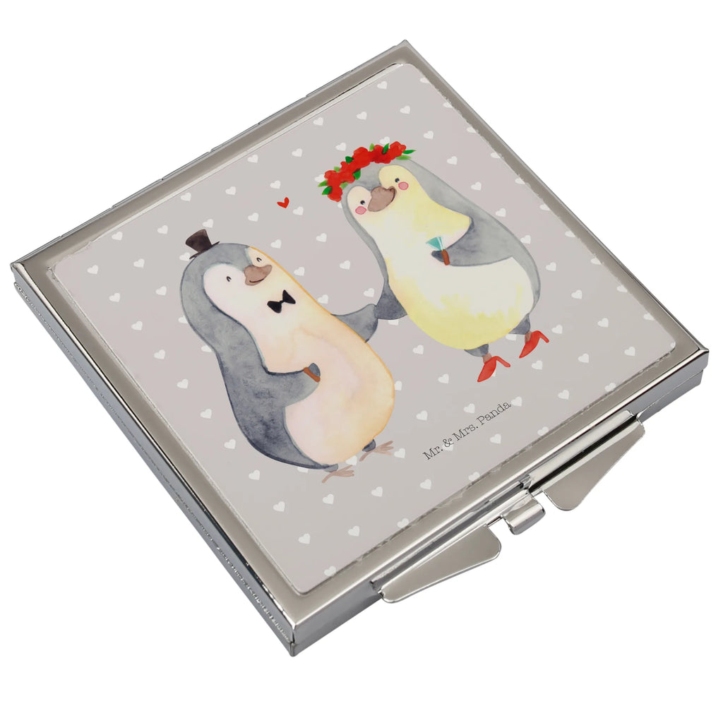 Handtaschenspiegel quadratisch Pinguin Heirat Spiegel, Handtasche, Quadrat, silber, schminken, Schminkspiegel, Liebe, Partner, Freund, Freundin, Ehemann, Ehefrau, Heiraten, Verlobung, Heiratsantrag, Liebesgeschenk, Jahrestag, Hocheitstag