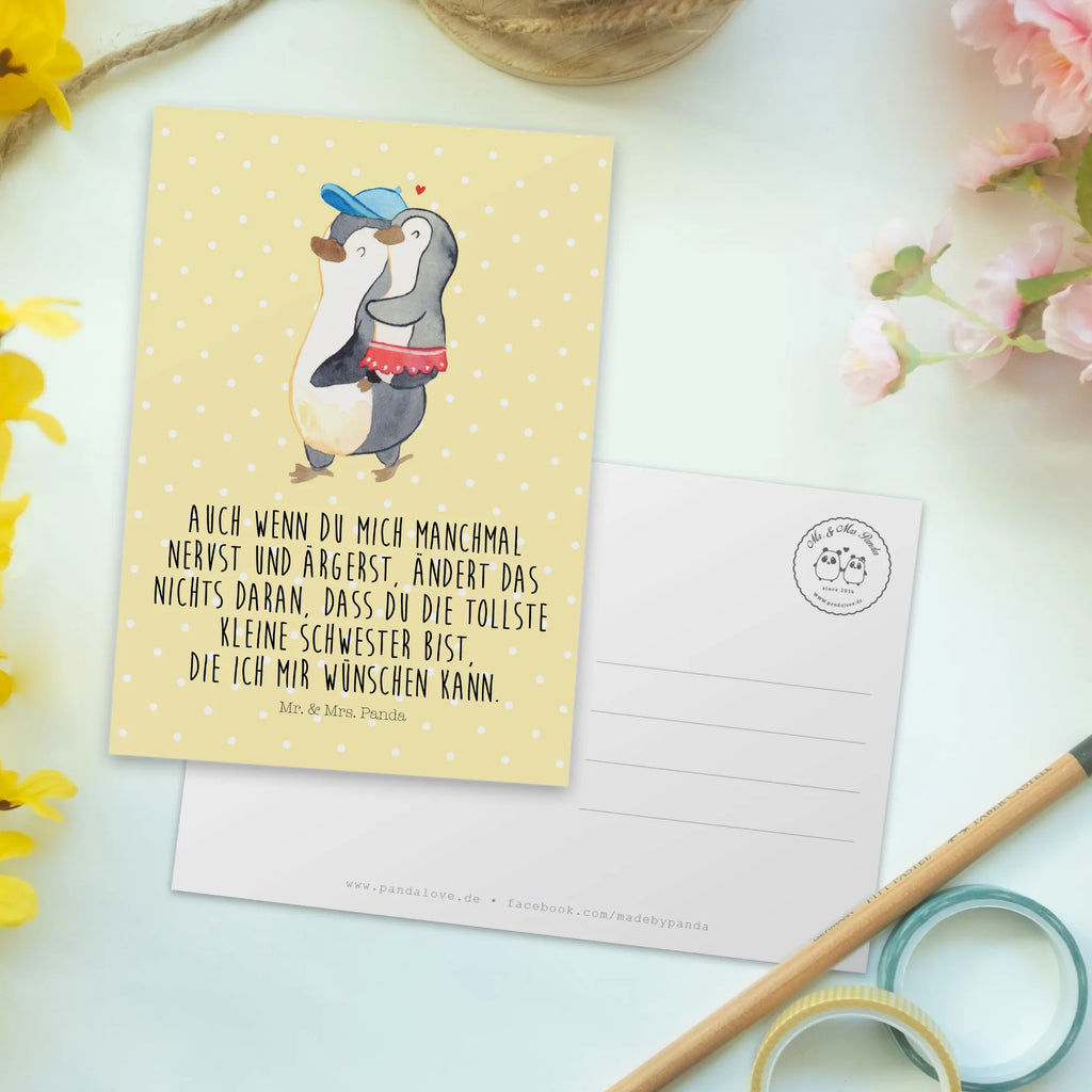 Postkarte Pinguin Kleine Schwester Postkarte, Karte, Geschenkkarte, Grußkarte, Einladung, Ansichtskarte, Geburtstagskarte, Einladungskarte, Dankeskarte, Ansichtskarten, Einladung Geburtstag, Einladungskarten Geburtstag, Familie, Vatertag, Muttertag, Bruder, Schwester, Mama, Papa, Oma, Opa